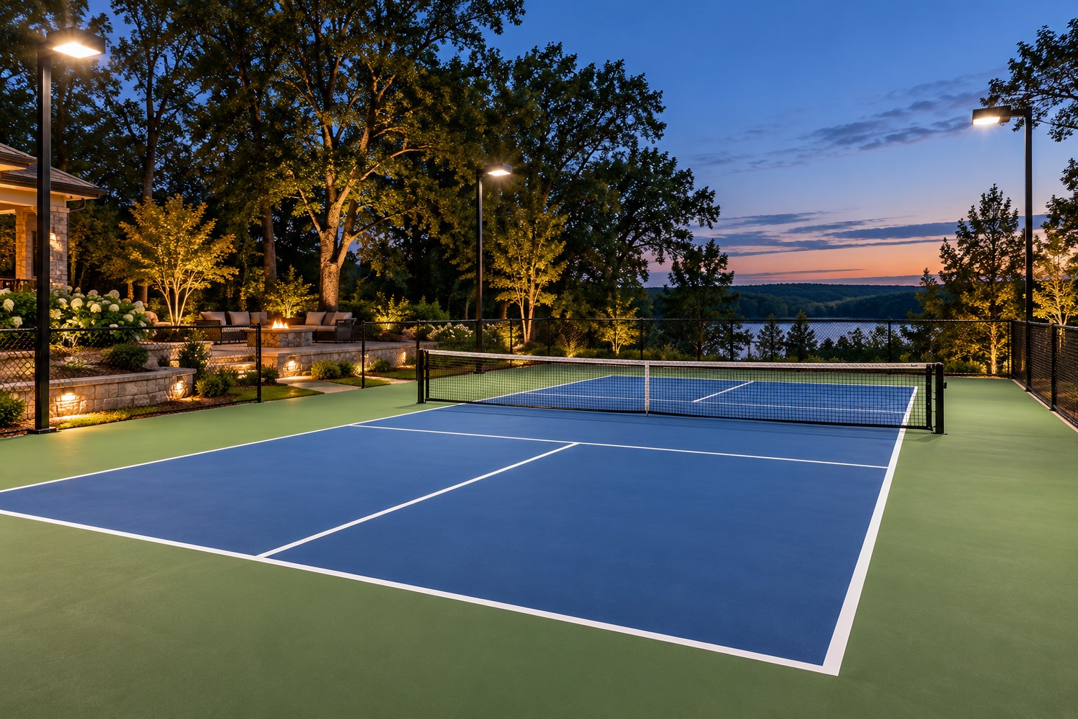 Illuminated pickleball court design at dusk