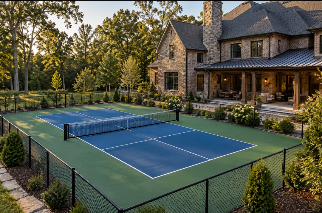 Blue and green residential pickleball court beside a landscaped stone home